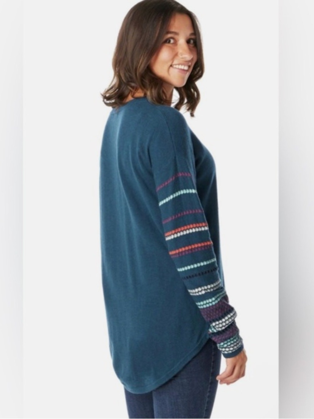 Smartwool Shadow Pine Teal Peacock Sweater with Multicolor Striped Sleeves, Sm.
